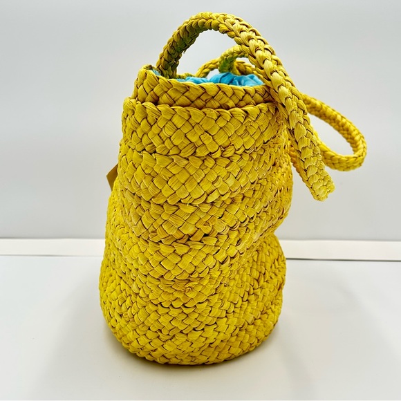 Woven Tote Beach Bag Large Bow Tie Embroidery Polka Dot Lined Yellow NWT Boho - Picture 6 of 13